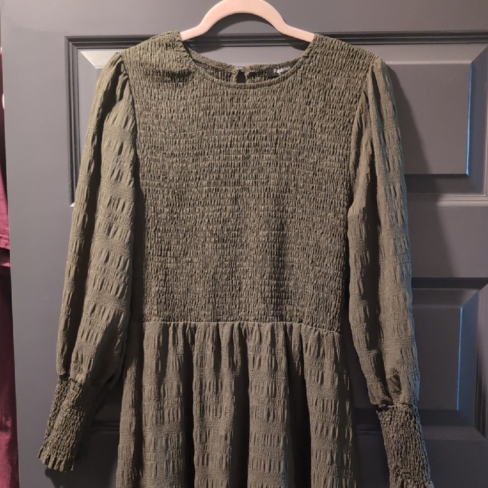 Olive Green Smocked Long Sleeve Dress